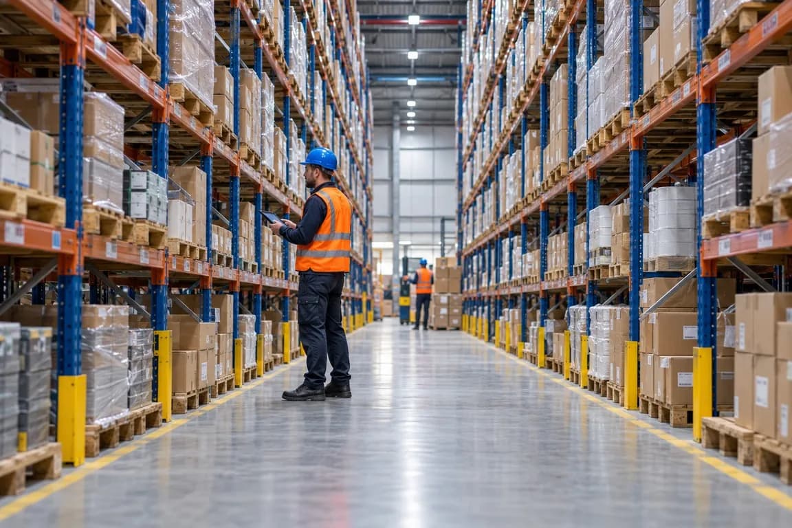 Operación de almacenamiento y gestión de inventario en almacén con racks