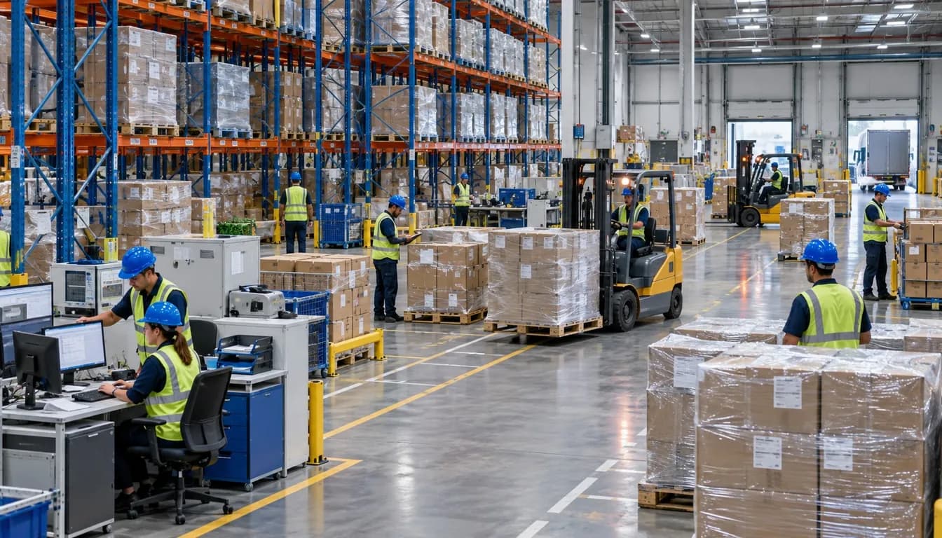 Configuración de una operación logística con racks, zonas de trabajo y personal